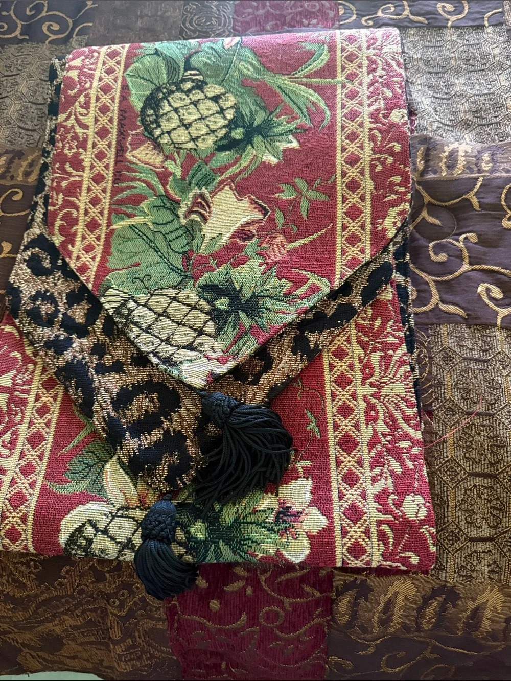 Two Sided Pineapple & Floral Red/ Leopard Print Table Runner with Tassels - 5 ft